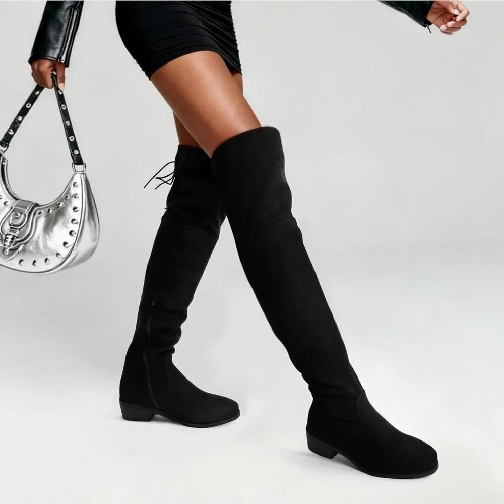 Women's Black Textile Over The Knee High Low Block Heel Pointed Toe Riding Boots